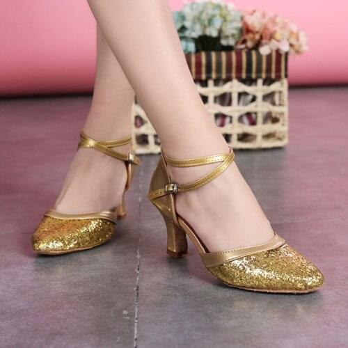 Woman Glitter Latin Ballroom Dance Shoes Sliver Gold For Girls Closed Toe Latino Shoes For Women Soft Sole Pratice High Heel