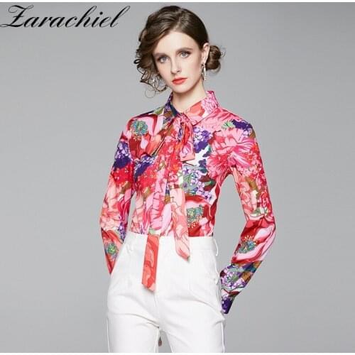 Womens Bow Belt Blouse Floral Printed Multicolour Loose Long Sleeve Button Down Shirt 2021 New Autumn Top Blusas Mujer De Moda