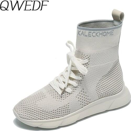 Women Socks Shoes Sneakers 2019 Stretch Knit Breathable Womens Chunky Shoes Comfort High Top Woman Black Trainers A10-58