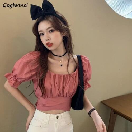 Shirts Women Pure O-neck Short Sleeve Ins Cropped Tunic Top Sexy Sweet Girls Ulzzang Kawaii Summer Bow Lace Up Ruched Chic Daily