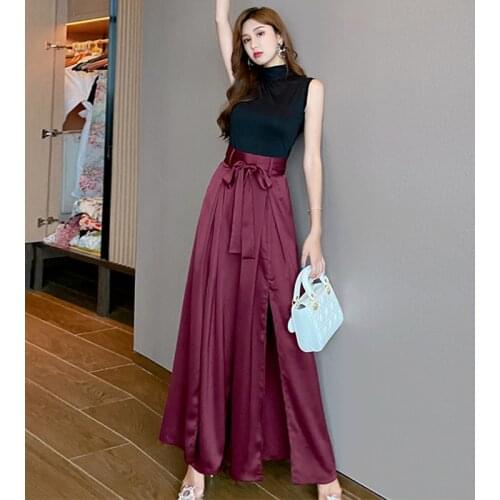 New arrival fashion women korean spring temperament black t-shirt and high-waist satin loose high split long pants two piece set