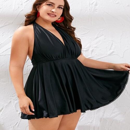 Plus Size Swim One-Piece Plunge V Neck Swimwear Dress Solid Black&Red Halter Push Up Swimsuit With Skirt For Women 2021 New