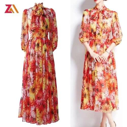 ZALady beach Bohemia fairy midi long dresses for women elegant sun flower half sleeve bow chic traf summer party dress vestidos