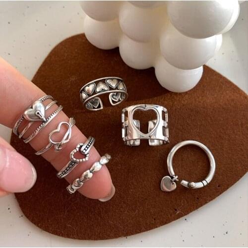 Morivovog 925 Sterling Silver 7 Styl Combination Heart Rings for Women Vintage Openwork Minimalist Korea Rings Fashion Jewelry
