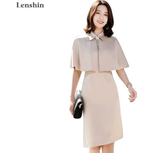 Lenshin 2 Pieces Women Batwing Cape Knee Length Party Dress Elegant Turn-down collar office work wear Dress Suit sets