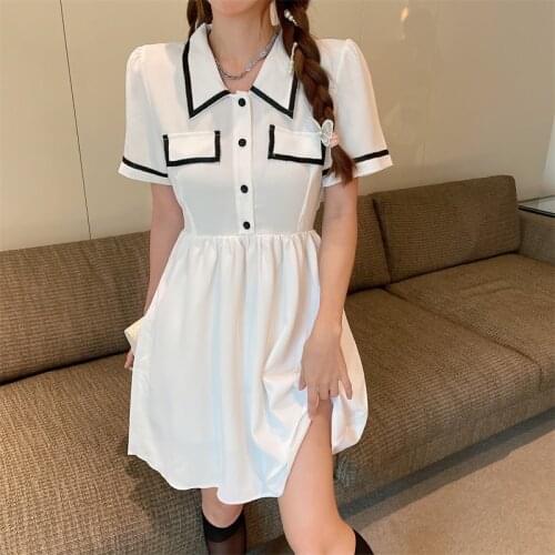 Preppy Style White Summer Womens Dress 2021 Korean Fashion Vintage Turn Down Collar Bow Vestidos Slim Short Sleeve Dresses