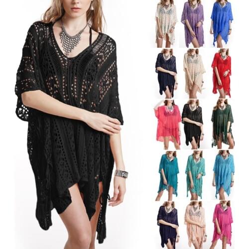 15 Colors Women Summer V Neck Crochet See-through Bikini Cover up Beach Loose Mini Dress Loose Solid Bathing Suits Summer