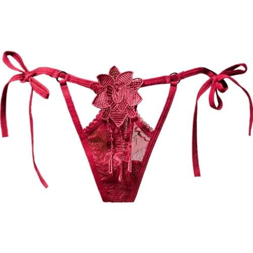 Women Sexy Lingerie Transparent Floral Lace Underwear for Women Strappy G-string Thong Panties with Cute Flower Pattern Front