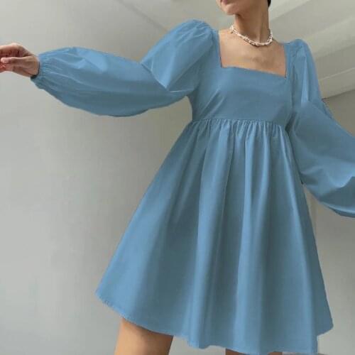 Women Vintage Black Bow Bandage A-line Party Dress Long Sleeve Square Collar Blue Color Casual Mini Dress 2021 Autumn Prom Dress