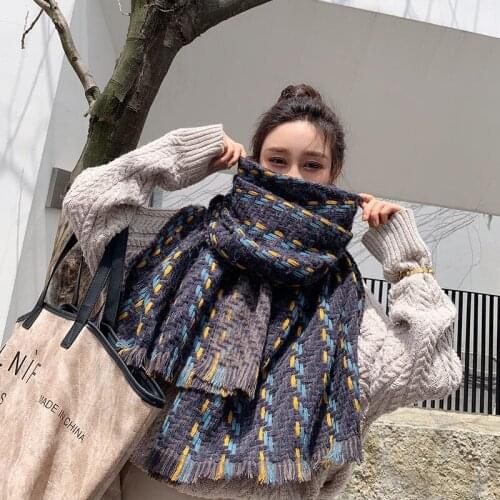 Winter Scarf Womens Oversized Scarf Korean Style Student Woven Wool Stripes Long Thickened Warm Shawl