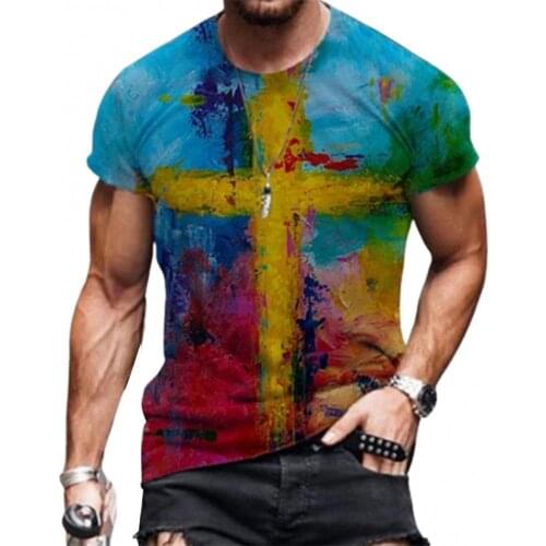 2021 Fashion Men T-shirt Cross Print Casual Short Sleeve O Neck Slim Top Cotton Blend Pullover Summer Streetwear Tee Shirts