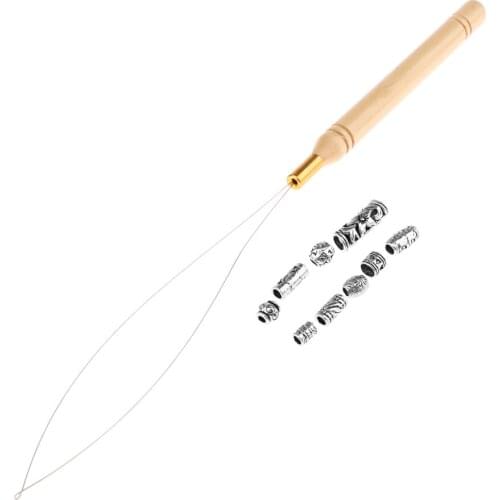 9pcs Micro Rings Beads + Wooden Handle Loop Needle Extension Hook Threader