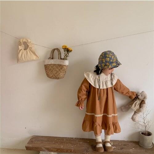 Childrens autumn dress 2021 new dress girls' school childrens long sleeve color contrast dress pastoral dress