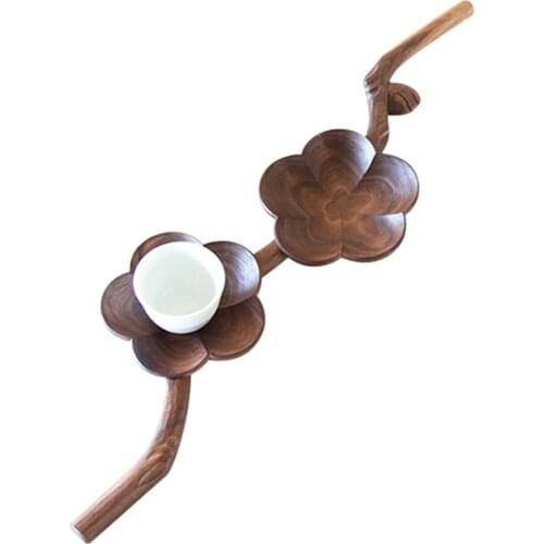 A Plum Blossom Design Hand Carving Black Walnut Tea Cup Pad Natural Solid Wood Sanck Tray For Home Office Hotel Table Decoration