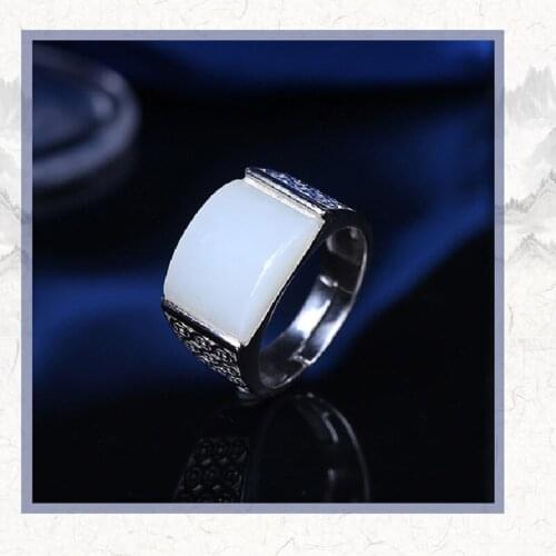 S925 Sterling Silver Xinjiang Hetian Jade White Jade Ring Elegant Jade Ring Male Personality Atmosphere