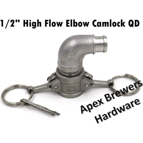 High Flow Camlock QD Elbow, 5/8" O.D. x 1/2" I.D. Barb, Brewer Hardware, Homebrew Fitting