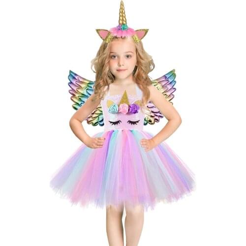 Cosplay Costume Unicorn Sequins Girl Princess Tutu Dress with Headband Birthday Party Purim Gift Halloween Costumes for Girls