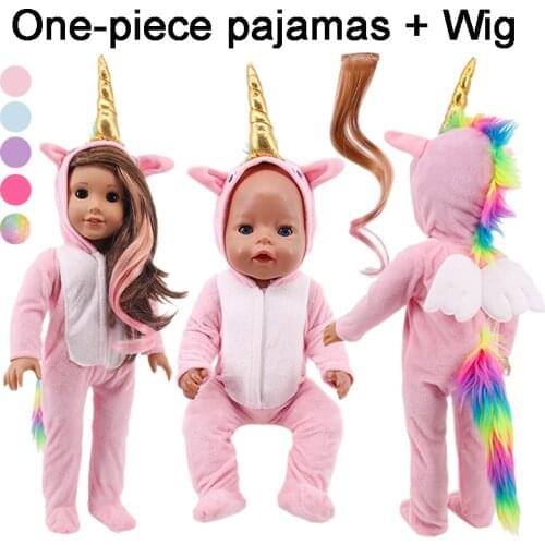 Unicorn Cute One-piece Pajamas+Wig For 18Inch American&17Inch 43cm Born Baby Doll Clothes Accessories Generation Russian DIY Toy