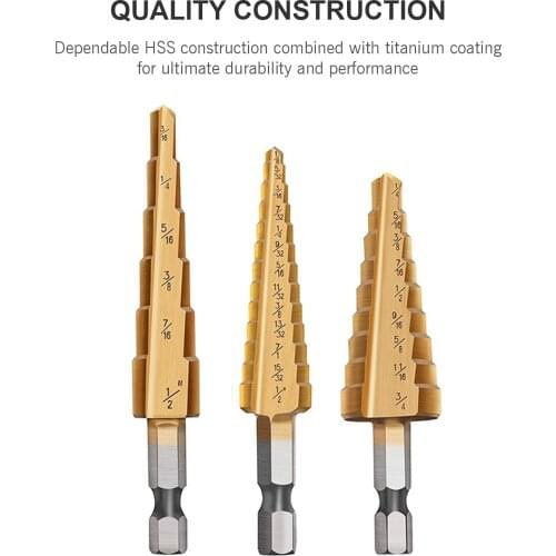 Step Drill Bit Set for Metal 3Pcs High Speed Steel Titanium Step Drill Bit Set HSS Multiple Hole Drilling for Plastic Wood Metal