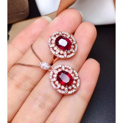 New Arrival 100% Natural Real Ruby Set 925 Sterling Silver,1pc Ruby Ring,1pc Ruby Pendant