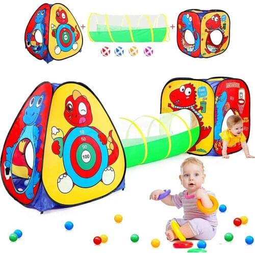 3In1 Dinosaur Kids Play Tent With Tunnel Ball Pit Pop Up Tent for Baby Boys Girls Foldable Playhouse Tent For Toddlers Indoor Ou