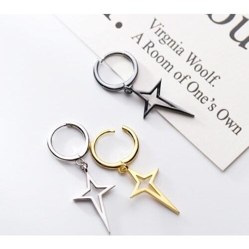 Real. 925 Sterling Silver jewelry Black Enamel Hollow Star Shuriken Hoop Huggie Earrings c-G3153