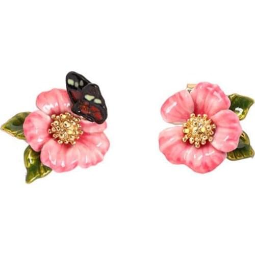 European and American fashion enamel glaze pink flower butterfly stud earrings personality asymmetric 925 silver needle earrings