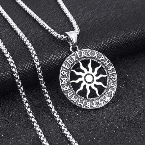 Norse Mythology Viking Odin Rune Pendant Necklace Men Retro Stainless Steel Apollo Sun Necklace Biker Viking Jewelry Gift