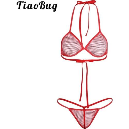 TiaoBug Fishnet See-through Bra Tops with G-string Swimwear Lingerie Women Sexy Mini Bikini Set Swimsuit for Swimming Underwear
