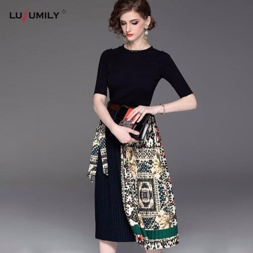 Lusumily Party Dress Women Autumn Long Dresses Female Fashion Long Puff Sleeve Vintage Printed High Waist A-line Office Dress