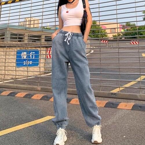 Vintage Boyfriend Jeans for Women 2021 Spring Autumn Drawstring High Waist Mom Blue Baggy Jeans Harajuku Long Denim Pants
