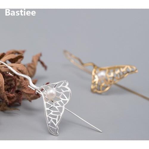 Bastiee Gingko Leaf Pearl Drop Silver Earrings 925 Women Jewelry Gold Plated Vintage Dangle Earings Ethnic Hollow Out