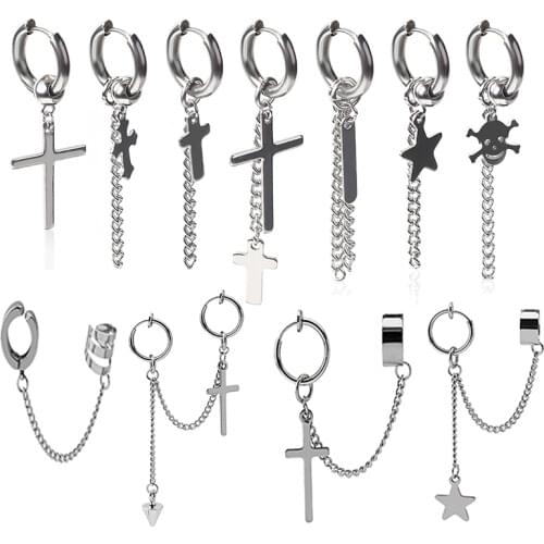 Mens Stainless Steel Dropping Earrings Harajuku Punk Cool Egirl Girl Cross Chain Pendant Earrings for Women Men Jewelry