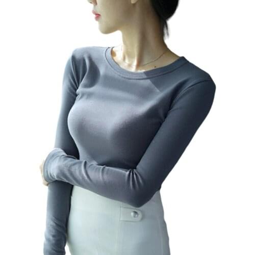 Cotton Elastic Women T-Shirts 2020 Summer New O-Neck Long-Sleeved Slim Office Lady Elegant Pulls Outwear Coat Tops Tees
