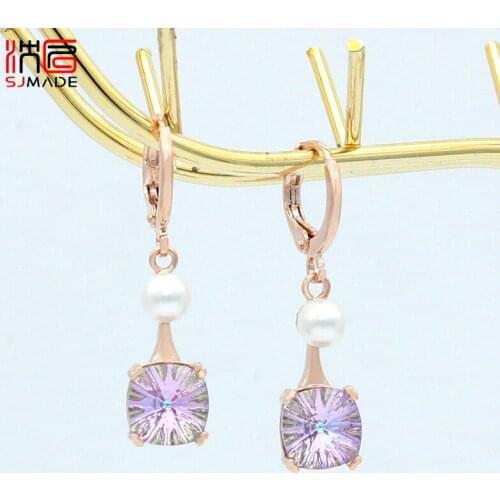 SJMADE Europe America Fashion Elegant Square Crystal Dangle Earrings For Women Wedding Jewelry Lady Girls Daily Accessories