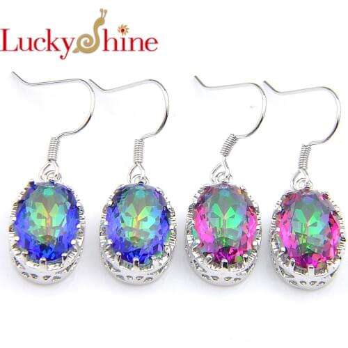 Luckyshine For Women Earring Trendy Oval Fire Mystic Rainbow Zircon Silver 925 Vintage Jewelry Dangle Hook Earrings