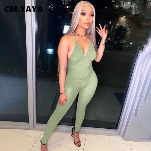 CM.YAYA Women Jumpsuit Solid Spaghetti Strap V-neck Sheath Ealstic Bodycon Jumpsuits Sexy Tracksuit Summer Fashion Outfit 2021