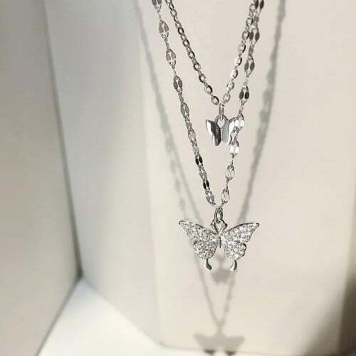 925 Sterling Silver Shiny CZ Butterfly Necklace Ladies Exquisite Double Layer Clavicle Chain Necklace Jewelry For Ladies Gift