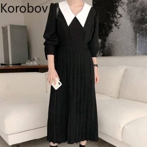 Korobov Korean Chic Vintage Elegant Office Lady Women Dress 2020 Autumn Winter Hit Color Patchwork Dresses Black Vestidos Femme