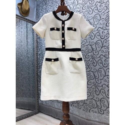 New 2021 Autumn Winter Dress High Quality Women Black Color Block Patchwork Pocket Deco Short Sleeve Casual Bodycon Woolen Dress