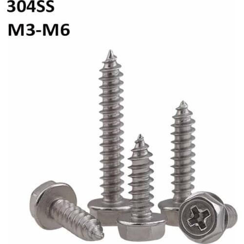 304 Stainless Steel Self-Tapping Phillips Hex Screw With Washer Hexagonal Flange Cross Head Wood Screws M3 M4 M5 M6