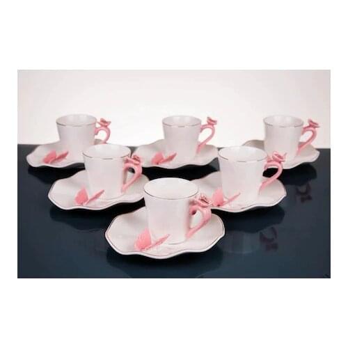 6'lı Pink Butterfly Figured Porcelain Coffee cup Pad turk coffee turkiye traditional flavor