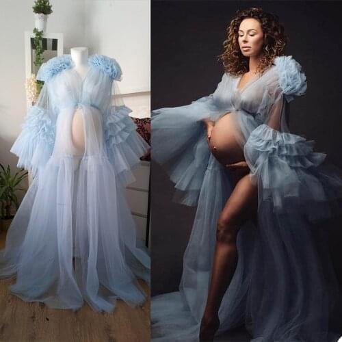 Pregnant Photo Bathrobe Pajam Robe Sexy Lace Tulle Pregnant Gowns Custom Made Sky Blue Bathrobe Mesh Prom Bridesmaid Shawl
