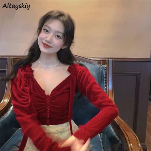 Blouses Women Bandage Solid Sexy Slim Elegant Retro Fashion Feminine Holiday Korean Style Design Simple Oversize Spring Cozy Ins