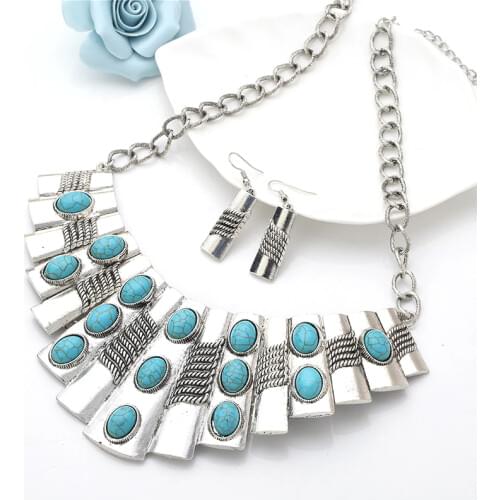 Bohemia Big Chuncky Necklace set jewelry Women Antique Silver Plated Cross Necklace jewelry Gray African boho wholesale necklace