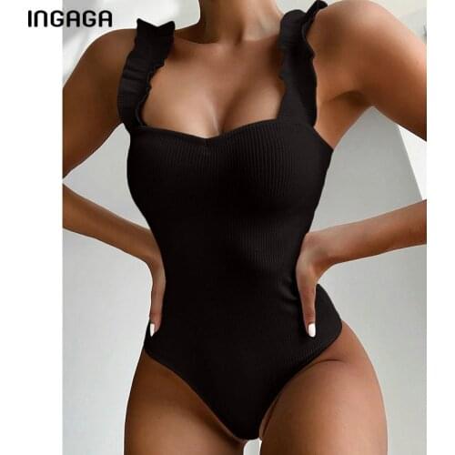 INGAGA Ribbed One Piece Swimsuits Push Up Bodysuit Ruffle Strap Swimwear Women 2021 New Purple Bathing Suit Summer Beachwear