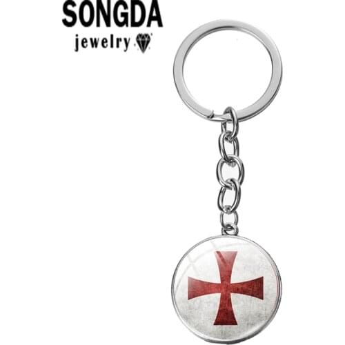 SONGDA Key Chain Saint George Christian Crusader Red Cross Pattern Glass Convex Metal Retro Two Color Man Women Car Key Pendant