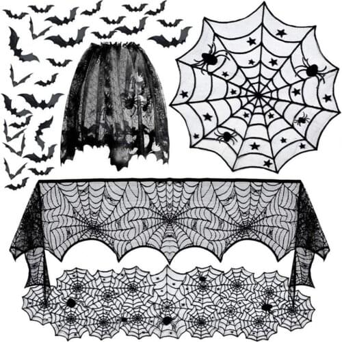 Halloween Black Lace Mesh Cloth Table Cloth Lace Halloween Spider Web Pattern Dinner Tablecover Runner Door Curtain for Festival