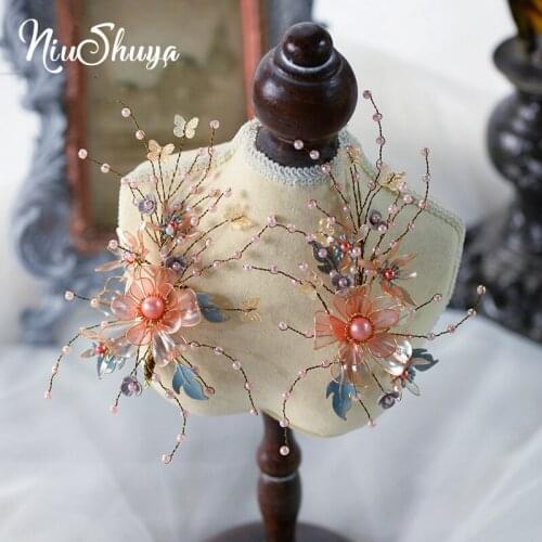 NiuShuya Handmade Beaded Flower Brida Barrettes Ornage Floral Diadem Queen Hair Girps Wedding Hair Accessories