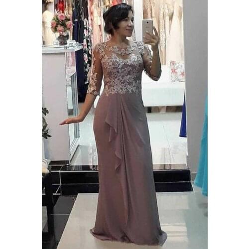 Elegant A-Line O-Neck Long Lace Mother of the Bride Dresses with Sleeves Chiffon Floor Length Wedding Party Dress for Women